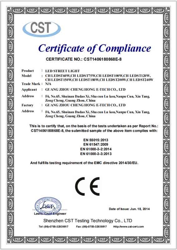 CE-Zertifizierungen für die LED-Straßenbeleuchtungsserie